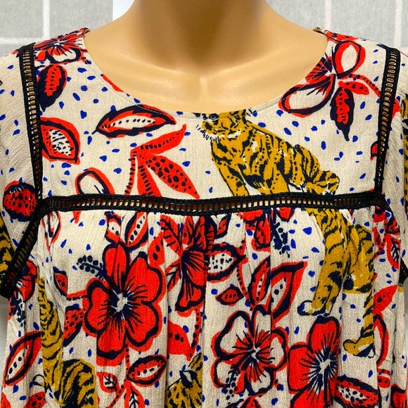 Coreylynncalter ANTHROPOLOGIE Tiger &Tropical Floral Print Summer Tunic Top XS - Picture 8 of 10